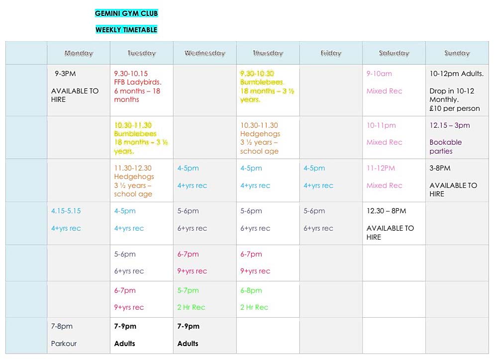 gemini timetable weekly